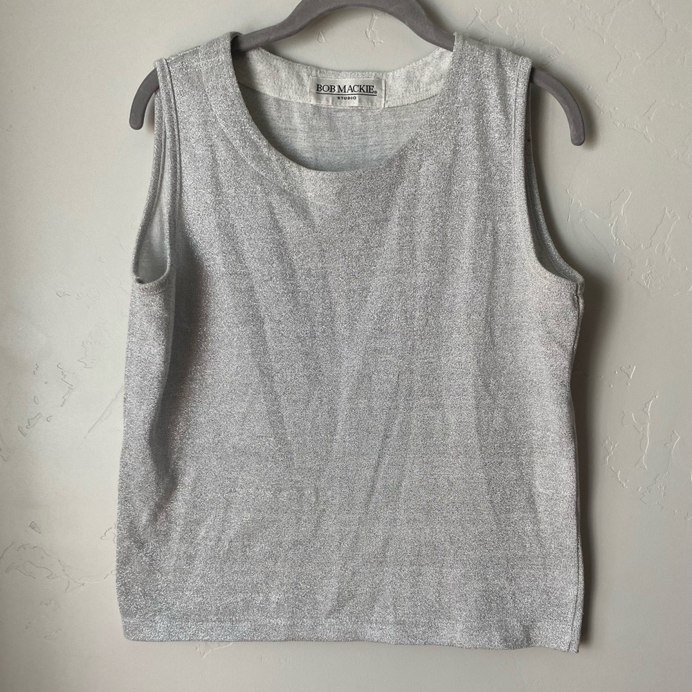 Bob Mackie Shimmering Sparkly Silver Muscle Tee Size L Night Out Holiday